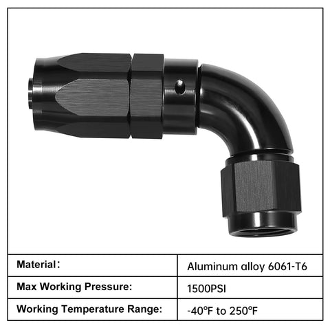 12AN 90 Degree One Piece Full Flow Hose End Fitting Swivel For CPE Braided Hose Aluminum 6061 T6, 1 1/16-12 UNF, AN12, Heavy Duty 1500 PSI, -40F To 250F black elbow fitting