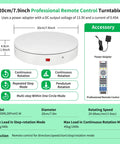 Foxvee Motorized Electric Turntable Remote Controlled Rotating Display Stand Speed Adjustable 360 Degree Photography Platform For 3d Scan Showcase And Multi Mode Video With White Finish, 20cm diameter, remote with adapter.