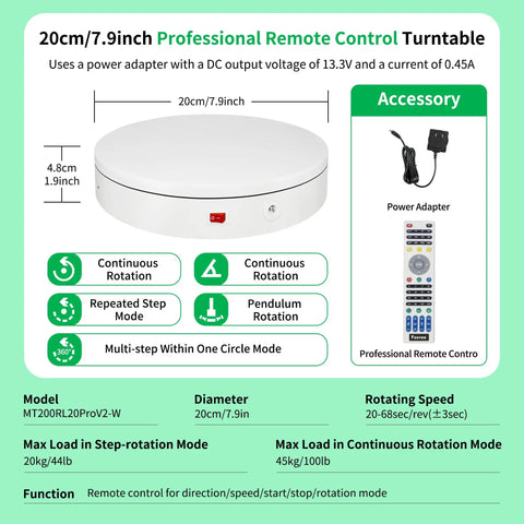 Foxvee Motorized Electric Turntable Remote Controlled Rotating Display Stand Speed Adjustable 360 Degree Photography Platform For 3d Scan Showcase And Multi Mode Video With White Finish, 20cm diameter, remote with adapter.