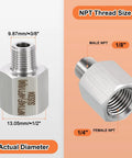 Diagram of Two Pack 304 Stainless Steel Female To Male NPT Pipe Fittings with size indicators, showing 1/4 inch F to 1/8 inch M connectors.