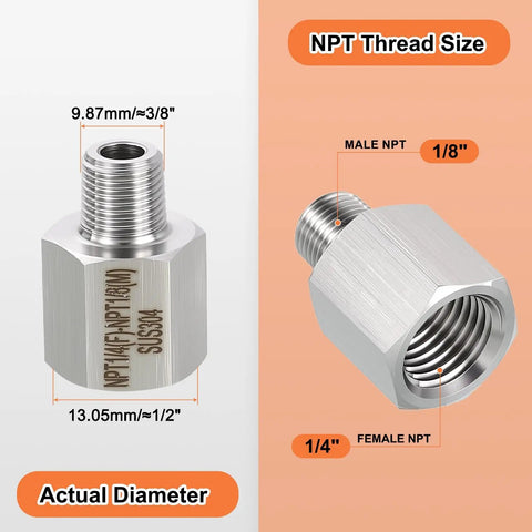 Diagram of Two Pack 304 Stainless Steel Female To Male NPT Pipe Fittings with size indicators, showing 1/4 inch F to 1/8 inch M connectors.