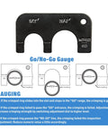 Close-up of 1/2 and 3/4 inch Go/No-Go gauge from Angle PEX Crimping Tool Kit For One Half Inch And Three Quarter Inch PEX Rings With Go No Go Gauge And PEX Pipe Cutter Includes Copper Rings Fits US F1807 Standards Pro Grade PEX Plumbing Set