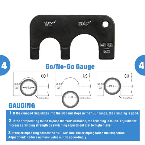 Close-up of 1/2 and 3/4 inch Go/No-Go gauge from Angle PEX Crimping Tool Kit For One Half Inch And Three Quarter Inch PEX Rings With Go No Go Gauge And PEX Pipe Cutter Includes Copper Rings Fits US F1807 Standards Pro Grade PEX Plumbing Set