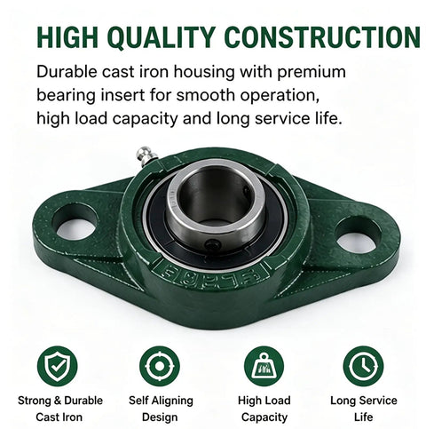Ten Piece Set Heavy Duty Cast Iron Pillow Block Bearings 1 Inch Bore Two Bolt Flange Replacement For UCFL20516 Fits Farms Conveyors Garage Doors Manufacturing Systems Superior Vibration Resistance Long Last Performance For Workhorse Tasks, green self-aligning bearing