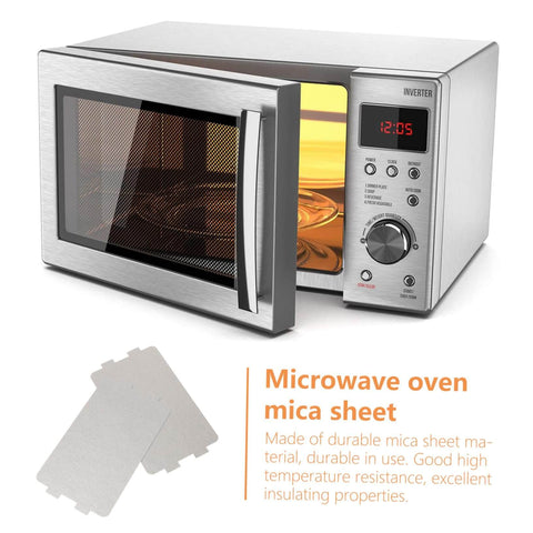 12 Pieces Microwave Mica Sheets For Easy Cut To Fit High Temperature Insulation And Waveguide Covers; Image shows sheets with microwave.