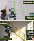 Person using High Visibility 4x360 Degree Green Cross Line Laser Level With Self Leveling 130 Ft Range 4D Coverage for picture hanging