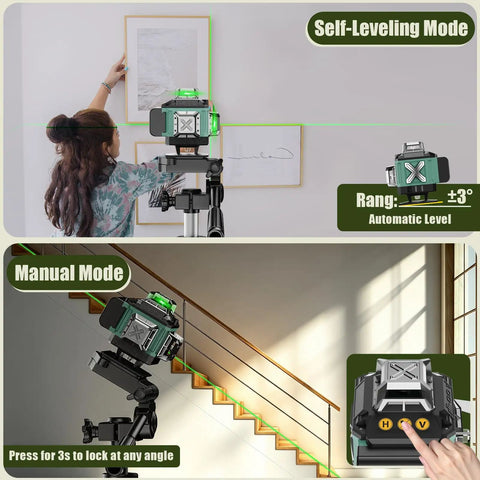 Person using High Visibility 4x360 Degree Green Cross Line Laser Level With Self Leveling 130 Ft Range 4D Coverage for picture hanging