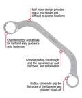 SAE Half Moon Wrench with chamfered box end, chrome plating, and radius corners for easy access in tight spots