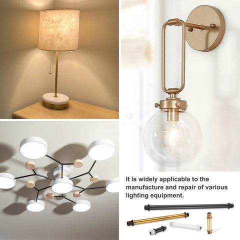 2 Piece Chrome Lamp Stem Rod Kit Featuring 120mm Straight Extensions With Secure M10 Double Thread And Hella Durable Carbon Steel Build For Flawless Table Floor Light Setup That Hits Different In Every Room You Decorate displayed with different light fixtures.