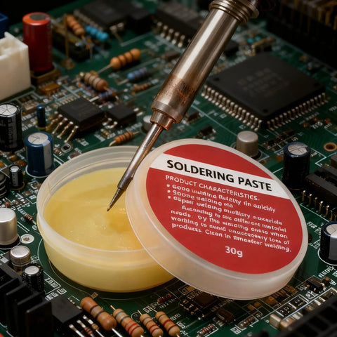 Soldering iron and 3 Pack 30G Soldering Flux Paste Rosin Flux No Clean Lead Free for PCB motherboard welding in use on a circuit board.