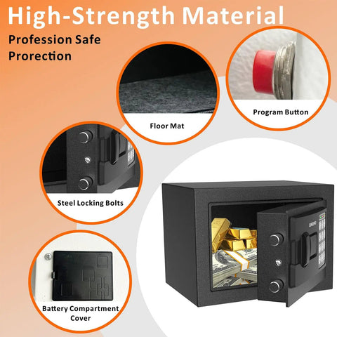 Compact Digital Safe With Electronic Keypad, Wall Or Cabinet Security Box for home use, showing features and materials.