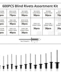 600 Piece Black Aluminum Blind Rivets Assortment Kit In 15 Sizes From 2.4x6mm To 6.4x16mm With Portable Storage Case For Auto Repair