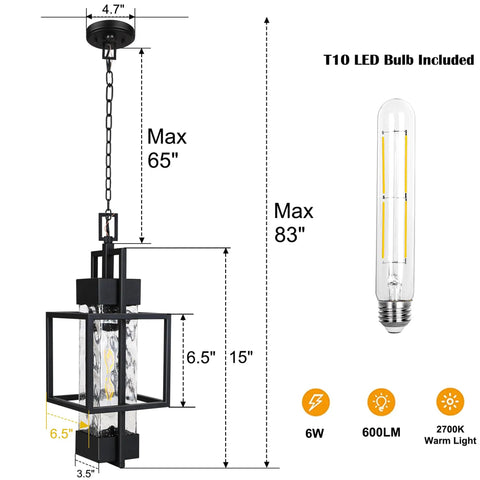 Top Shelf Modern Black Metal Motion Sensor Outdoor Pendant Light Slick Finish Exterior Hanging Lantern with measurements and T10 LED bulb.