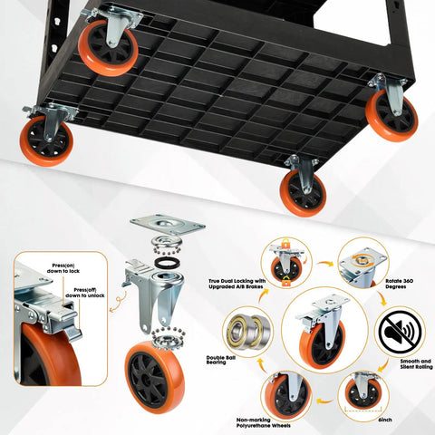 Bottom view of Extra Large Heavy Duty Utility Cart With Deep Shelves Two Tier Rolling Work Cart Plastic Service Cart On Six Inch Casters 550 Pound Capacity Black For Home Garage Shop showing orange casters and locking mechanisms.