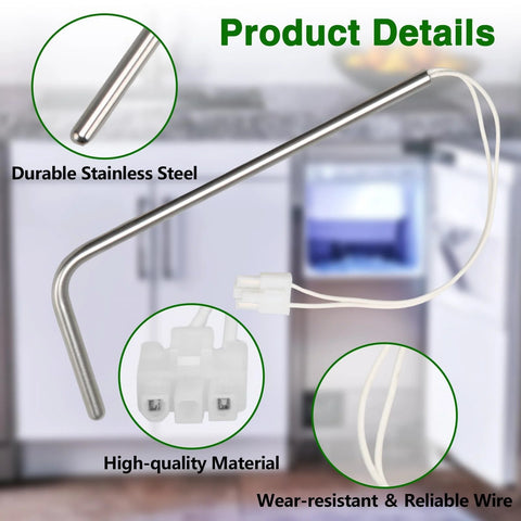 Stainless steel ice maker bin temperature sensor probe with white connector and wiring