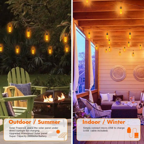 Flickering Flame Outdoor String Lights 27 Ft USB Charged Waterproof Patio Decor For Garden Backyard Party Christmas Warm Yellow LED Bulbs With 10 Flame Effect LEDs And Easy Hanging Design For Deck Porch Or Fence To Create Cozy Yard Vibes