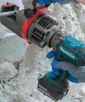 Makita Xcs01t1 18V Lxt Lithium Ion Cordless Rebar Cutter Kit With Rotating Blade 4 Way Rotation Cuts Up To 3/4 Inch Grade 6 Rebar Adjustable Stopper For Precise 90 Degree Slicing Heavy Duty Power Tool in use cutting rebar with a rotating head.