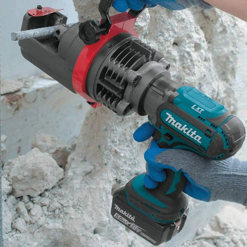 Makita Xcs01t1 18V Lxt Lithium Ion Cordless Rebar Cutter Kit With Rotating Blade 4 Way Rotation Cuts Up To 3/4 Inch Grade 6 Rebar Adjustable Stopper For Precise 90 Degree Slicing Heavy Duty Power Tool in use cutting rebar with a rotating head.