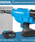 Heavy Duty Brushless Cordless Rivet Gun With 18V 4Ah Battery For All Material Blind Fasteners, battery and charger displayed.
