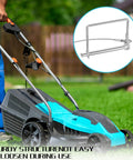 Person using a lawn mower with inset showing 10 Pcs Trailer Coupler Pins With Steel Quick Release Rings For Farm Trailers Wagons And Hitches