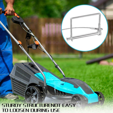 Person using a lawn mower with inset showing 10 Pcs Trailer Coupler Pins With Steel Quick Release Rings For Farm Trailers Wagons And Hitches