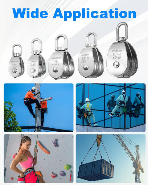 2 Pack M50 Lifting Double Pulley Block Made From 304 Stainless Steel With Swivel Hook Roller Heavy Duty Rigging Usage