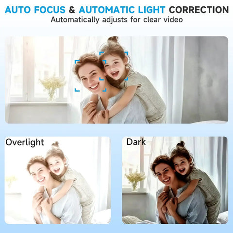 Plug And Play 4K Webcam Delivers Pristine Video Clarity And Smooth Audio For Stress Free Streaming Rock Solid Compatibility, showing auto focus and auto light correction.