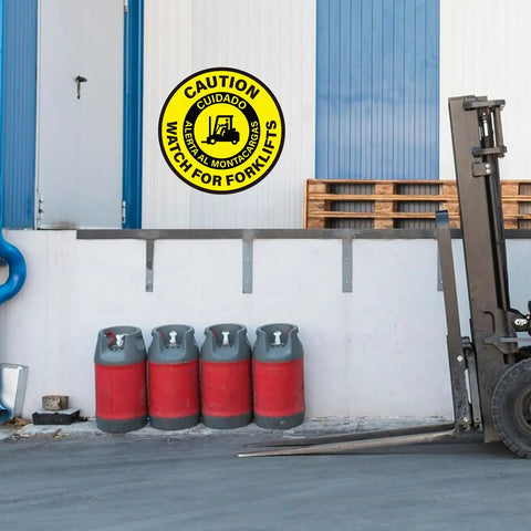 Forklift Traffic Warning Sign Set 5 Pack Bilingual Look Out For Lift Trucks Floor Stickers 17 By 17 Inches Self Adhesive Vinyl Waterproof Anti Slip Signage For Office Work Site And Warehouse displayed on wall in warehouse setting