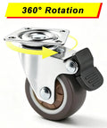 Heavy Duty 1.5 Inch Swivel Caster Wheels Featuring Lockable Rubber Tread And Screw In Mount showing 360 degree rotation with stainless bracket.