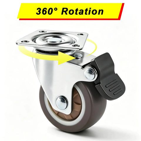 Heavy Duty 1.5 Inch Swivel Caster Wheels Featuring Lockable Rubber Tread And Screw In Mount showing 360 degree rotation with stainless bracket.