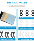 12 Pairs Anti Slip Eyeglasses Ear Grips Retainer displayed: black/white silicone ear hooks, cleaning cloths, organized layout, sports use.