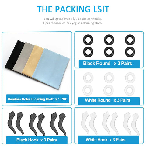 12 Pairs Anti Slip Eyeglasses Ear Grips Retainer displayed: black/white silicone ear hooks, cleaning cloths, organized layout, sports use.