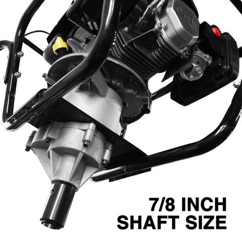 Close-up of Dual Operator 185cc 4 Cycle Auger Powerhead Post Hole Digger with 7/8 inch shaft for heavy-duty drilling.