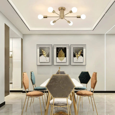 Gold Modern Sputnik Ceiling Light Chandelier With Six Heads Dope Semi Flush Mount Fixture For Living Room Bedroom Dining Kitchen And Office Space Modern Ceiling Lamp With Elegant Geometric Design And Symmetrical Light Spread