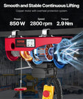 Beefed Up 880 Lb Electric Hoist With 110V Power Remote Control Winch, showing motor details and control in industrial setting.