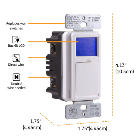 SunSmart 7 Day In Wall Digital Timer Switch With Auto Sunrise Sunset, Weekly Programming, showing LCD and wire connections.