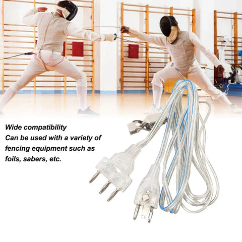 Fencing Body Wire For Saber Foil Epee, Stainless Steel Core Body Cord With Transparent Head, shown with fencers in action.