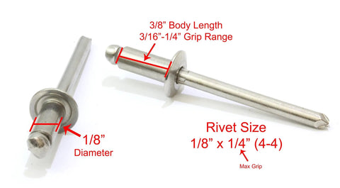 Size Forty Four Button Head Blind Rivets One Eighth Inch Diameter Three Sixteenths To Quarter Inch Grip Range Three Oh Four Stainless Steel Marine Grade Heavy Duty Fasteners Pops Tight Holds Strong For Rugged Outdoor Builds 100 Piece Pack, showcasing diameter and grip range.
