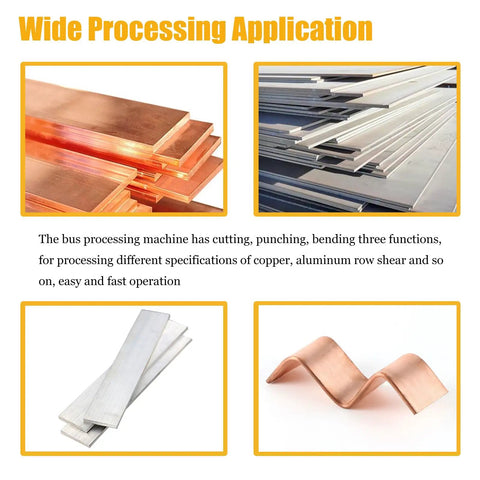 Copper and aluminum sheets showcasing the 4 In 1 Electric Hydraulic Busbar Cutter Bender Crimper Puncher Machine With Adjustable Valve AC110V
