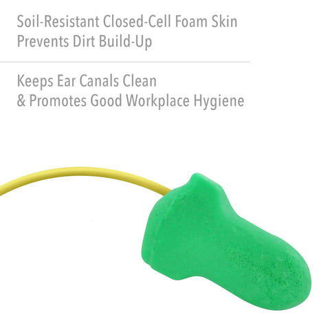 Low Pressure Corded Disposable Foam Earplugs For Smaller Ears With Gentle Expansion, Smooth Skin, Hygienic Work Ear Protection, 100 Pairs, Green For All Day Comfort And Hygiene In Busy Work Environments, green earplug with yellow cord