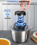Close-up of 6 Cup Mini Food Processor Chopper With 250W Motor And Stainless Steel Blades Plus Meat Grinder Attachment, on counter
