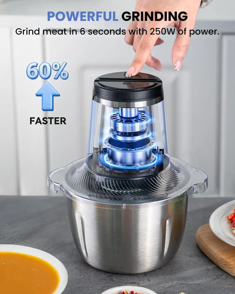 Close-up of 6 Cup Mini Food Processor Chopper With 250W Motor And Stainless Steel Blades Plus Meat Grinder Attachment, on counter