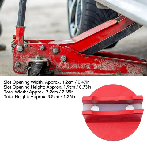 Magnetic Jack Pad For Cars And SUVs, Aluminum Grooved Pinch Weld Jack Adapter on red floor jack near car wheel
