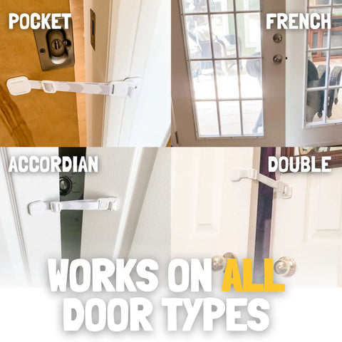 Adjustable Cat Door Latch For Interior Doors Grey Straight Up Dog Proof Heavy Duty Pet Safety Strap shown on various door types.
