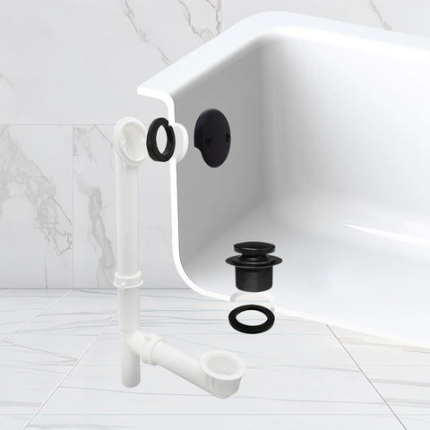White Tubular Bathtub Waste and Overflow Assembly Kit with Tip-Toe Drain Plug, 1-1/2 Inch by 14 Inch, Slip Joint, Matte Black Finish