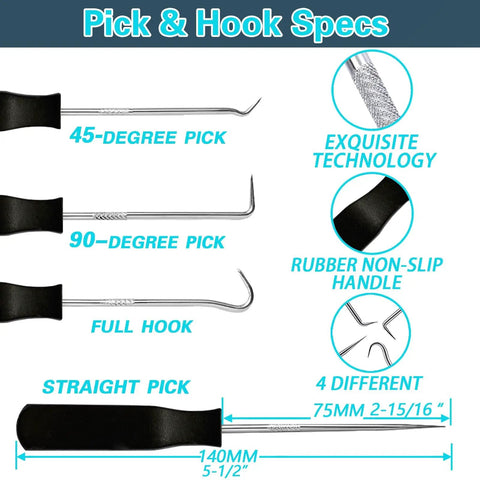 Image of 4-piece precision pick and hook set with various handle grips and angles for 1200 Pcs Universal Rubber O Ring Kit In 24 Sizes.