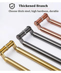 Four double-sided push pull door handles in brushed stainless steel, showing bronze, black, and gold finishes, ladder style design.