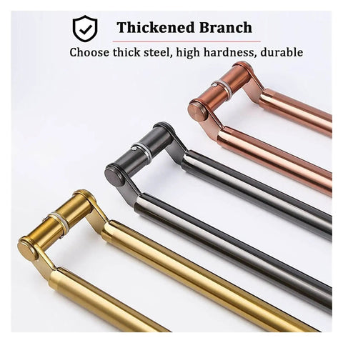 Four double-sided push pull door handles in brushed stainless steel, showing bronze, black, and gold finishes, ladder style design.