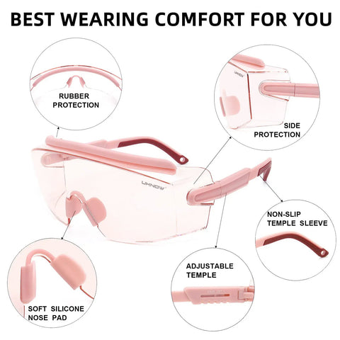 Over Glasses Safety Goggles With Anti Fog Wraparound Lens featuring soft silicone nose pad and adjustable temple sleeves.