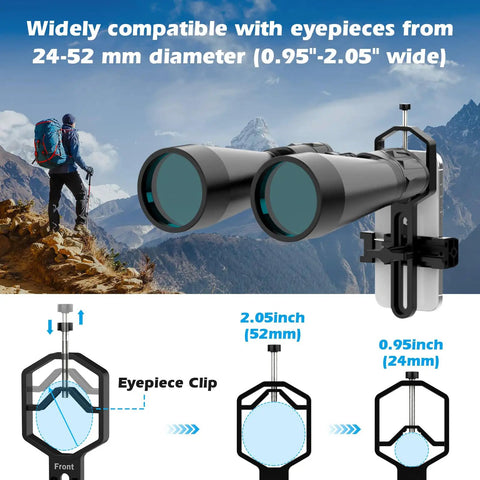 Universal Telescope Phone Adapter Mount for Microscope, Binoculars, and Spotting Scopes Fits Eyepieces 0.95 to 2.05 Inches illustrated
